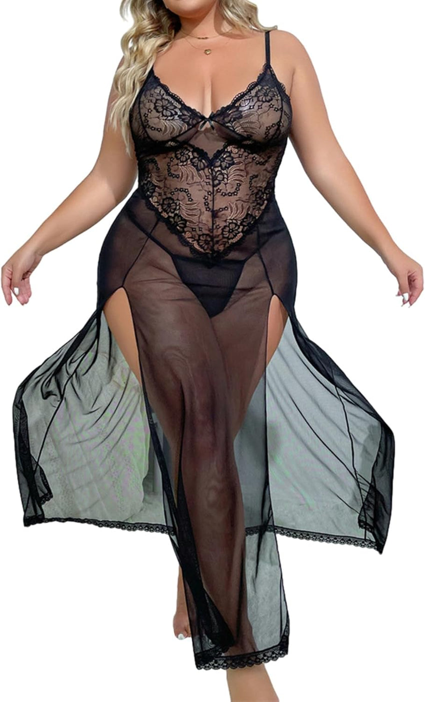 Sexy Split Mesh Lace Floral Sheer Babydoll Lingerie Outfit Dress 2 Piece with Thong Set