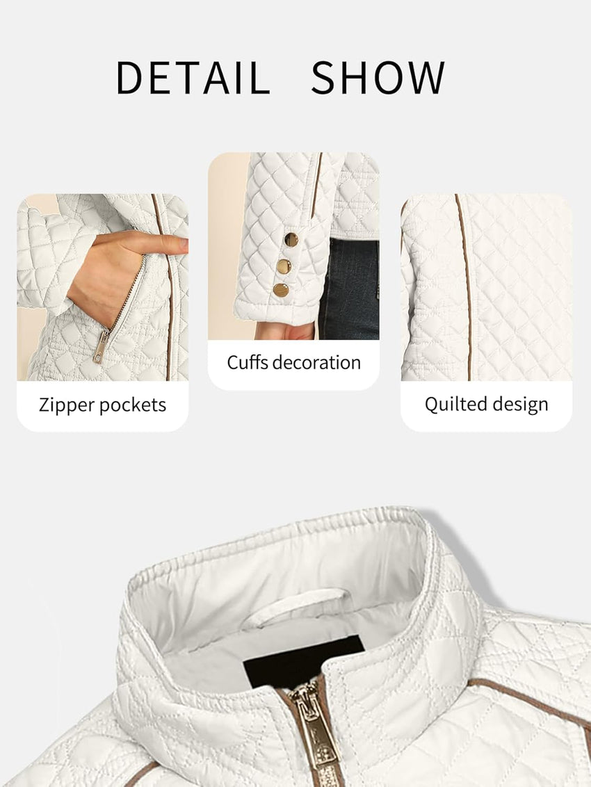 Bellivera Women's Stand Collar Lightweight Quilted Puffer Jacket Padded Zip Coat for Spring and Winter