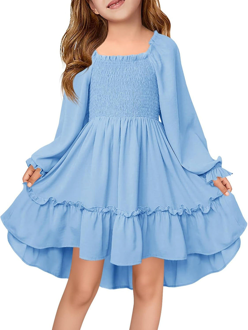 Haloumoning Girls Lantern Long Sleeve Dresses Kids Square Neck High Low Hem Smocked Fall Dress 5-14 Years