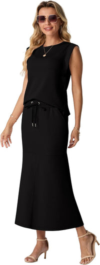 GRECERELLE Women Summer 2 Piece Sets Round Neck Wrinkle-Free Top & Elastic Waist Midi Fishtail Skirt with Pockets(XS-3XL)