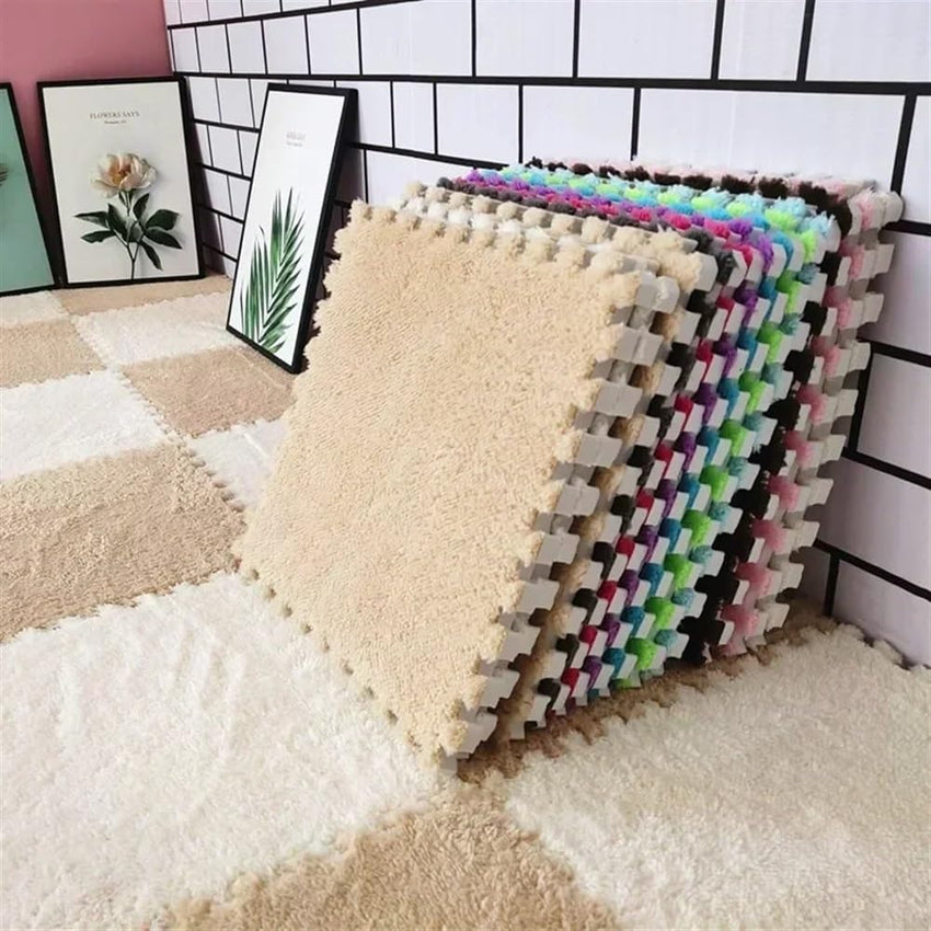 7DAY'S 40pcs 30x30cm DIY Nordic Floor Mat Splicing Carpet Plush Velvet Bedroom Rooms Pink Mat Puzzle Plush Mats Interlocking Carpet Tiles for Commercial and Home