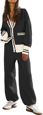 Women's 2 Piece Outfit Lounge Set Trendy Cardigan Sweater Pants Sets V Neck Button Pocket Knit Matching Loungewear