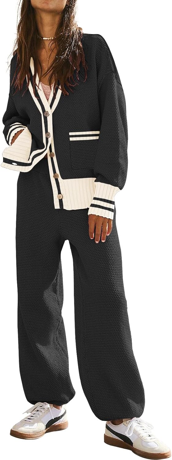 Women's 2 Piece Outfit Lounge Set Trendy Cardigan Sweater Pants Sets V Neck Button Pocket Knit Matching Loungewear