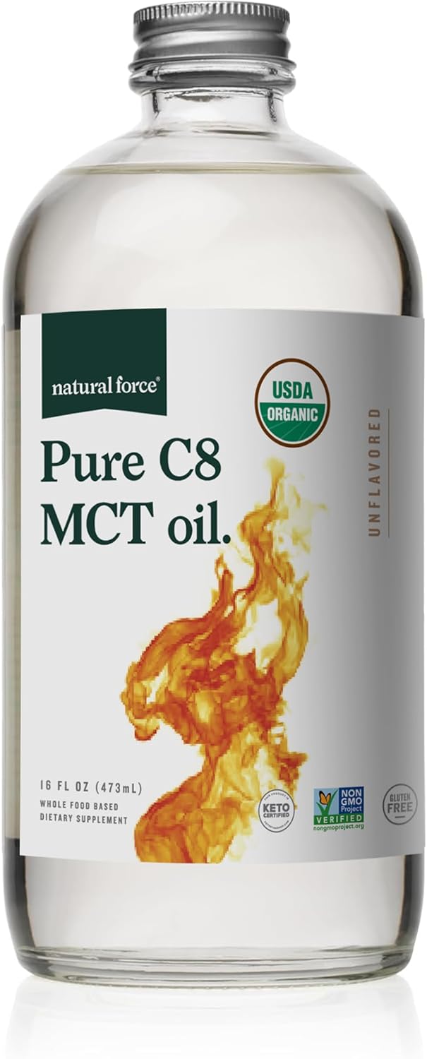 Natural Force Organic Pure C8 MCT Oil – Liquid MCT Oil in Glass Bottle Container – Concentrated Caprylic Acid – Keto, Paleo, Kosher, Vegan & Non-GMO – Lab Tested for Quality and Purity, 16 Ounce