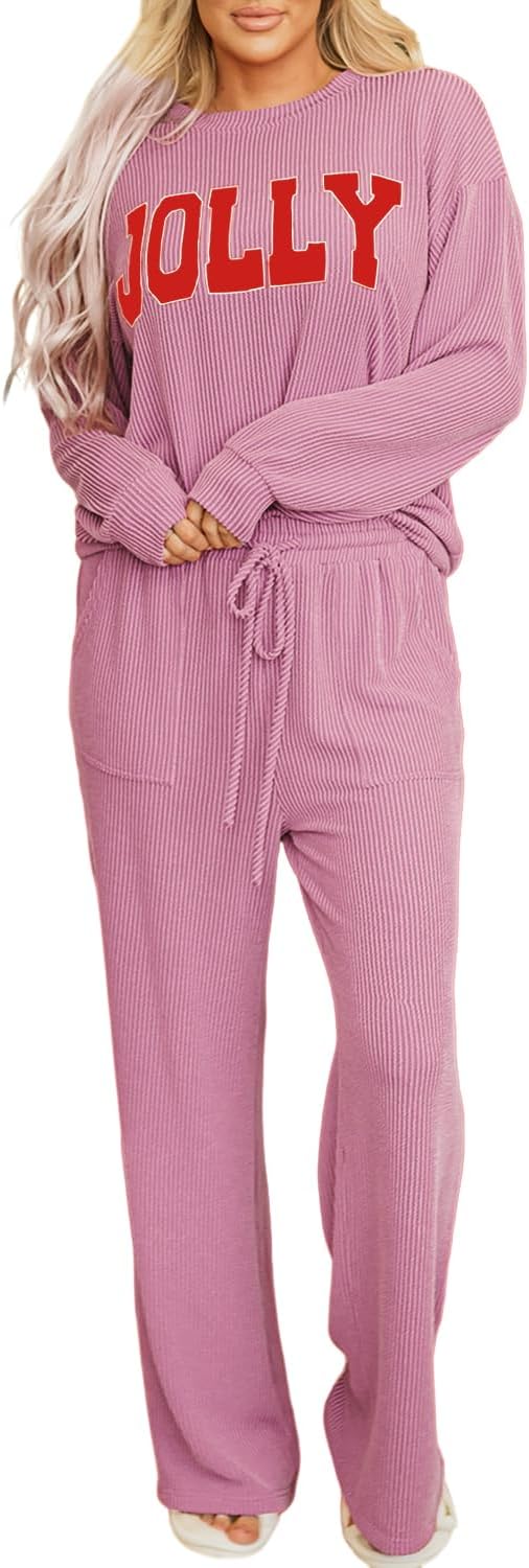 Women Pajamas Set Loungewear Ribbed Long Sleeve Top and Pants with Pockets Lounge Sweatsuit Set