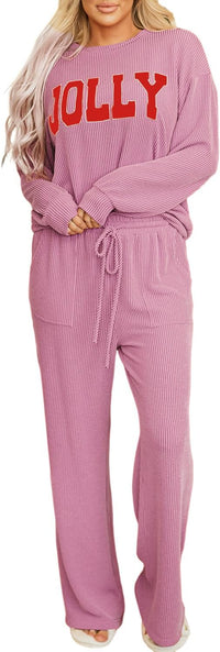 Women Pajamas Set Loungewear Ribbed Long Sleeve Top and Pants with Pockets Lounge Sweatsuit Set