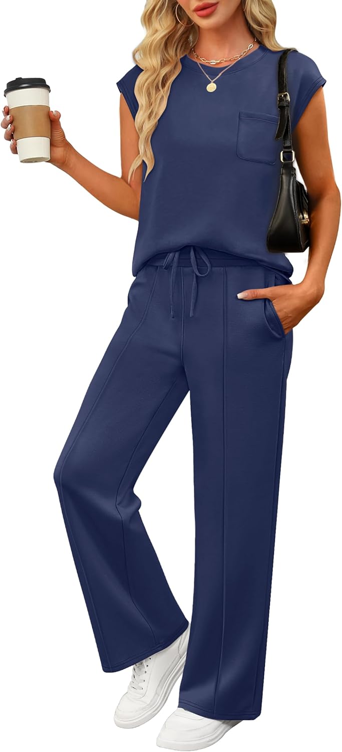 ANRABESS Two Piece Sets for Women Summer Sleeveless Sweatsuits Wide Leg Casual Lounge Set Matching Vacation Travel Outfits