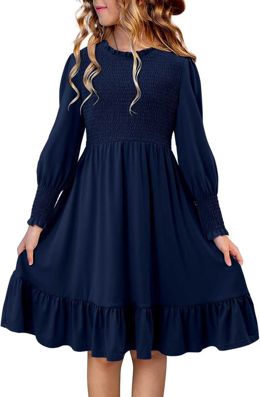 Yoklass Girls Smocked Dress Casual Puff Long Sleeve Ruffle Neck Dresses 4-13 Years