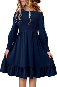 Yoklass Girls Smocked Dress Casual Puff Long Sleeve Ruffle Neck Dresses 4-13 Years