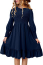 Yoklass Girls Smocked Dress Casual Puff Long Sleeve Ruffle Neck Dresses 4-13 Years