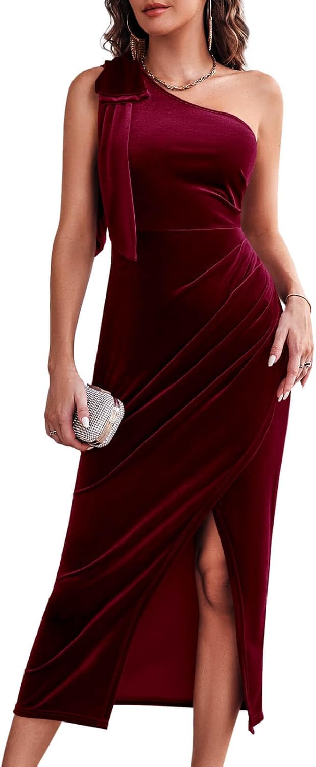 Wenrine Women's One Shoulder Velvet Dresses Slim Fitted Slit Faux Wrap Sexy Bodycon Evening Dress