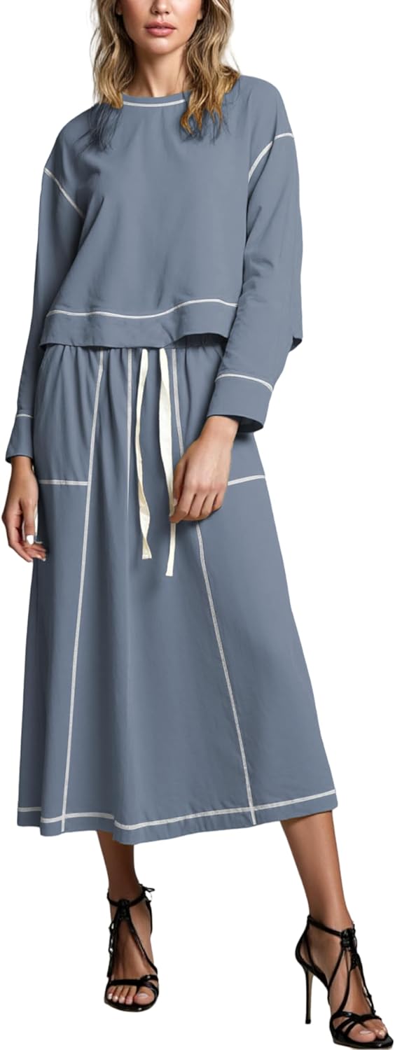 Women’s 2 Piece Skirt Sets Long Sleeve Crewneck Pullover Tops Drawstring Midi Skirt Lounge Set Fall Outfits