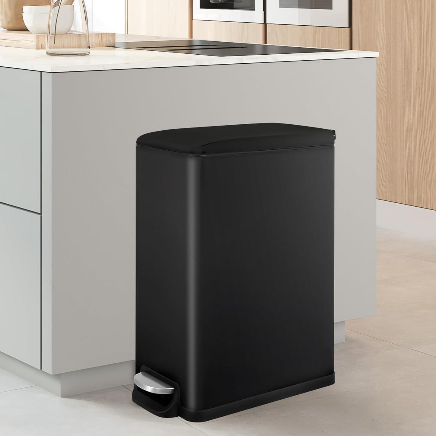 Arlopu 13.2 Gal Slim Kitchen Trash Can with Lid, 50L Stainless Steel Garbage Can, Large Kitchen Rubbish Can, Step Trash Bin w/Foot Pedal and Inner Bucket, Bathroom Trash Can Airtight (Black)