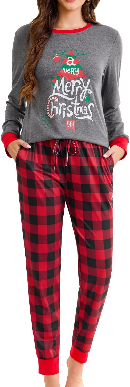 difficort Womens Christmas Pajamas Long Sleeve Pj Set Soft Plaid Pants Sleepwear with Pockets
