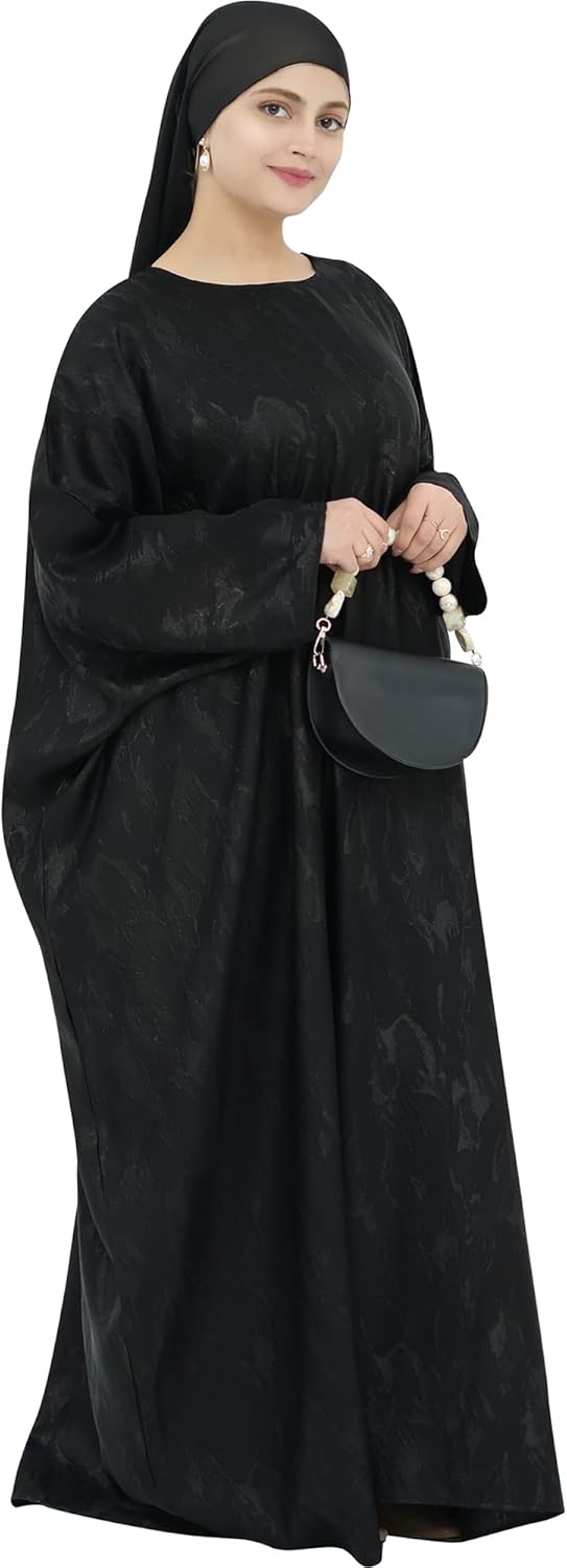 Elegant Eid Clothes Women Muslim Glossy Batwing Sleeve Abaya Ramadan Prayer Dress with Belt