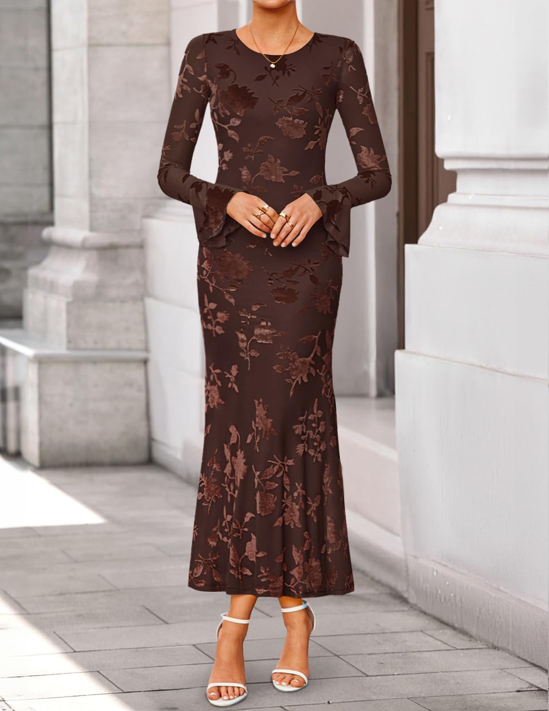 ZESICA Women's 2025 Bell Long Sleeve Floral Maxi Dress Fall Fashion Bodycon Mesh Wedding Guest Cocktail Party Dresses