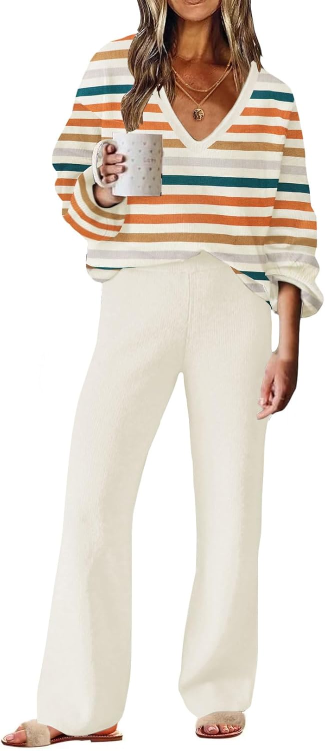 ETCYY NEW Womens 2 Piece Outfits Sweater Lounge Set Casual V Neck Knit Pajama Set Long Sleeve Top Wide Leg Pants Loungewear