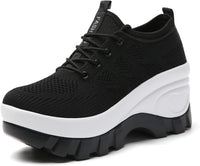 Women's Chunky Platform Comfort Orthopedic Wedge Walking Shoes Fashion Knitted Breathable Lace Up Lug Sole Casual Non-Slip Running Shoes with Arch Support