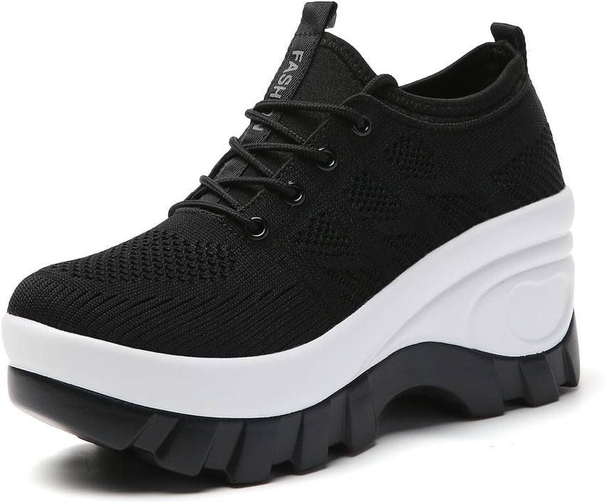 Women's Chunky Platform Comfort Orthopedic Wedge Walking Shoes Fashion Knitted Breathable Lace Up Lug Sole Casual Non-Slip Running Shoes with Arch Support