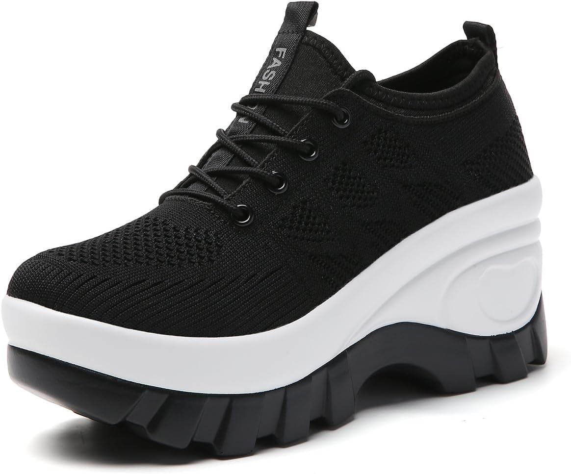 Women's Chunky Platform Comfort Orthopedic Wedge Walking Shoes Fashion Knitted Breathable Lace Up Lug Sole Casual Non-Slip Running Shoes with Arch Support
