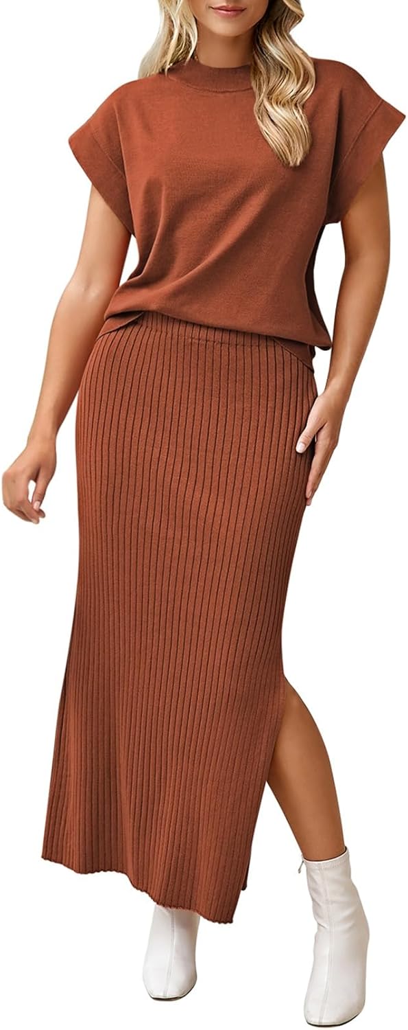 Pink Queen Women's 2 Piece Sweater Outfits Set Summer Cap Sleeve Tops Bodycon Maxi Long Skirt Knit Dresses