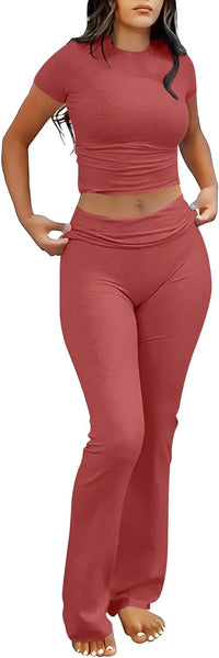 ANRABESS Lounge Sets for Women 2 Piece Foldover Yoga Flare Leggings Pants Crop Tops Casual Y2K Outfits Matching Tracksuit Set