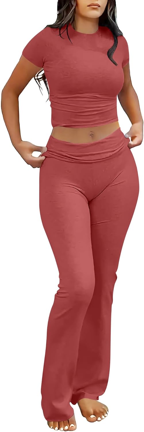 ANRABESS Lounge Sets for Women 2 Piece Foldover Yoga Flare Leggings Pants Crop Tops Casual Y2K Outfits Matching Tracksuit Set