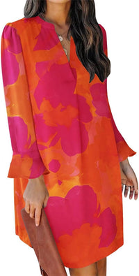 QACOHU Fall Dresses for Women 2025 Casual V Neck Long Sleeves Flowy Mini Tunic Dress