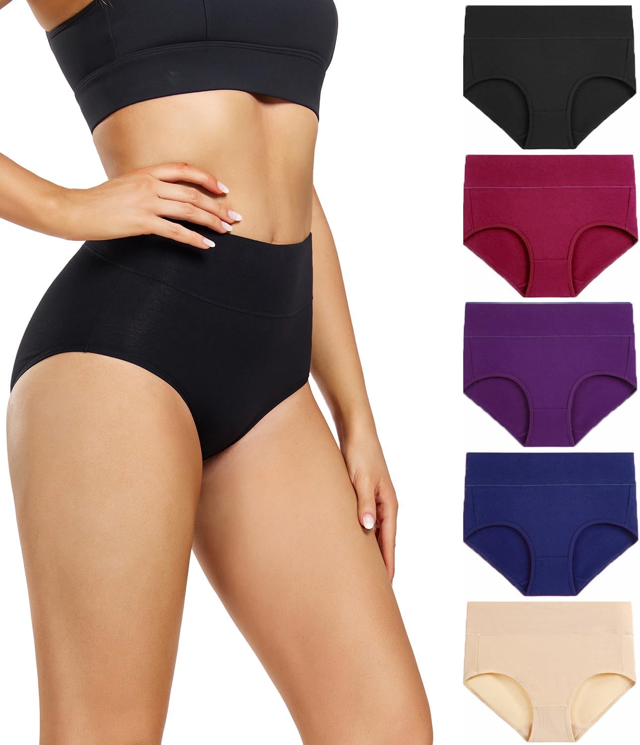 wirarpa Women's Underwear High Waisted Ladies Cotton Panties Soft Full Coverage Briefs 5 Pack (Regular & Plus Size)
