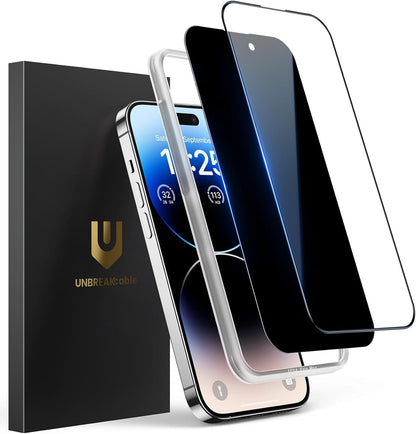 UNBREAKcable 2PCS Screen Protector for iPhone 16-1 Privacy Tempered Glass+1 Clear Glass Double Shatterproof [Easy Installation Frame] [9H Hardness] [Case Friendly] Anti-Scratch for iPhone 6.1 inch