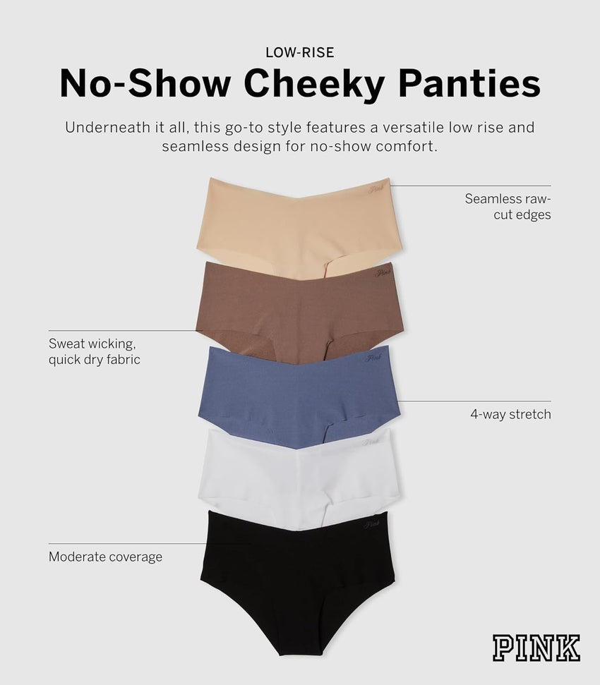 Victoria's Secret PINK Women's No Show Cheekster Underwear, Panties for Women, Spring Basic, (L)