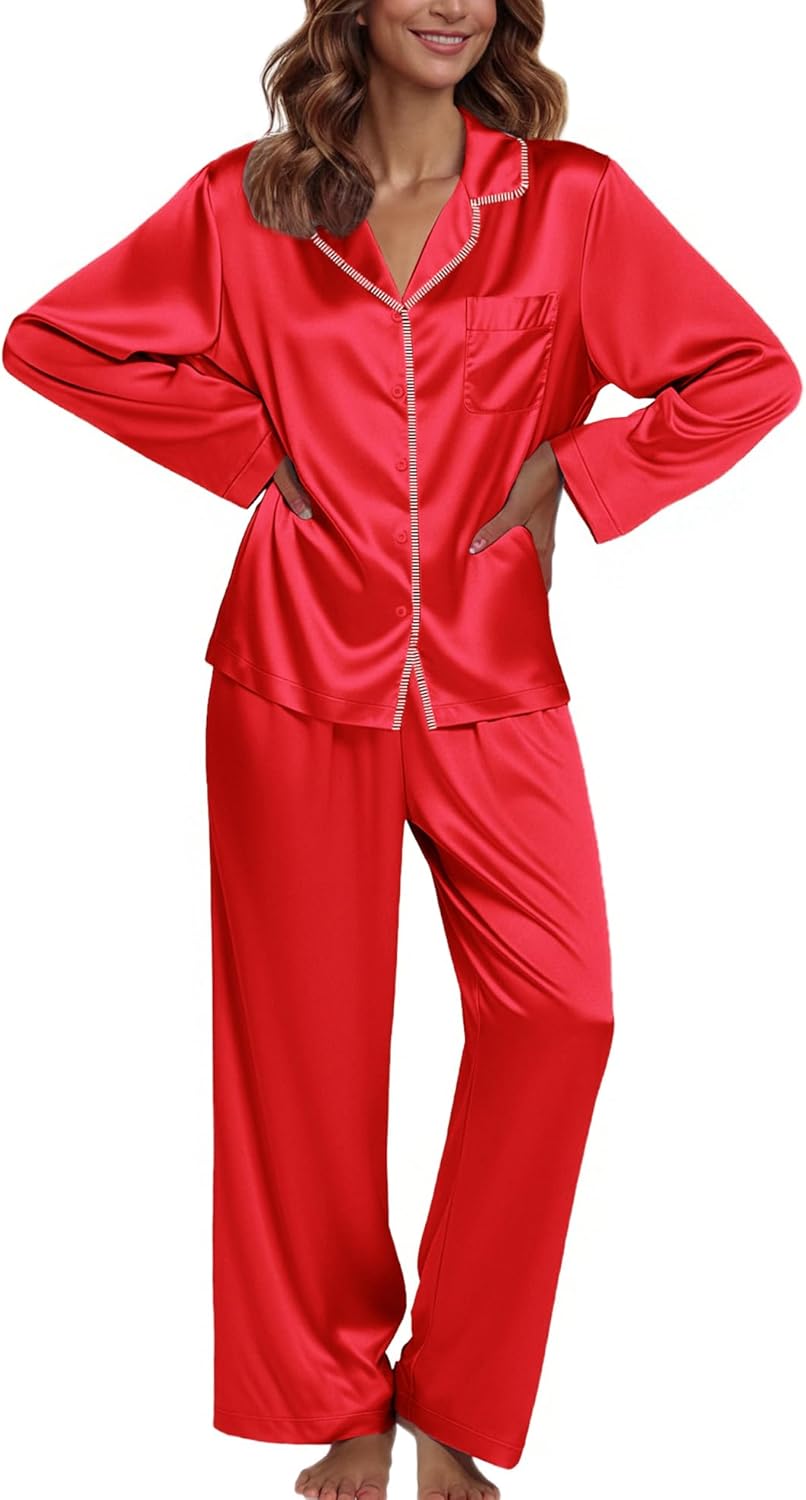 Ekouaer Pajamas For Women Set Silk Pjs 2 Piece Satin Sleepwear Long Sleeve Button Down Lounge Sets With Pant