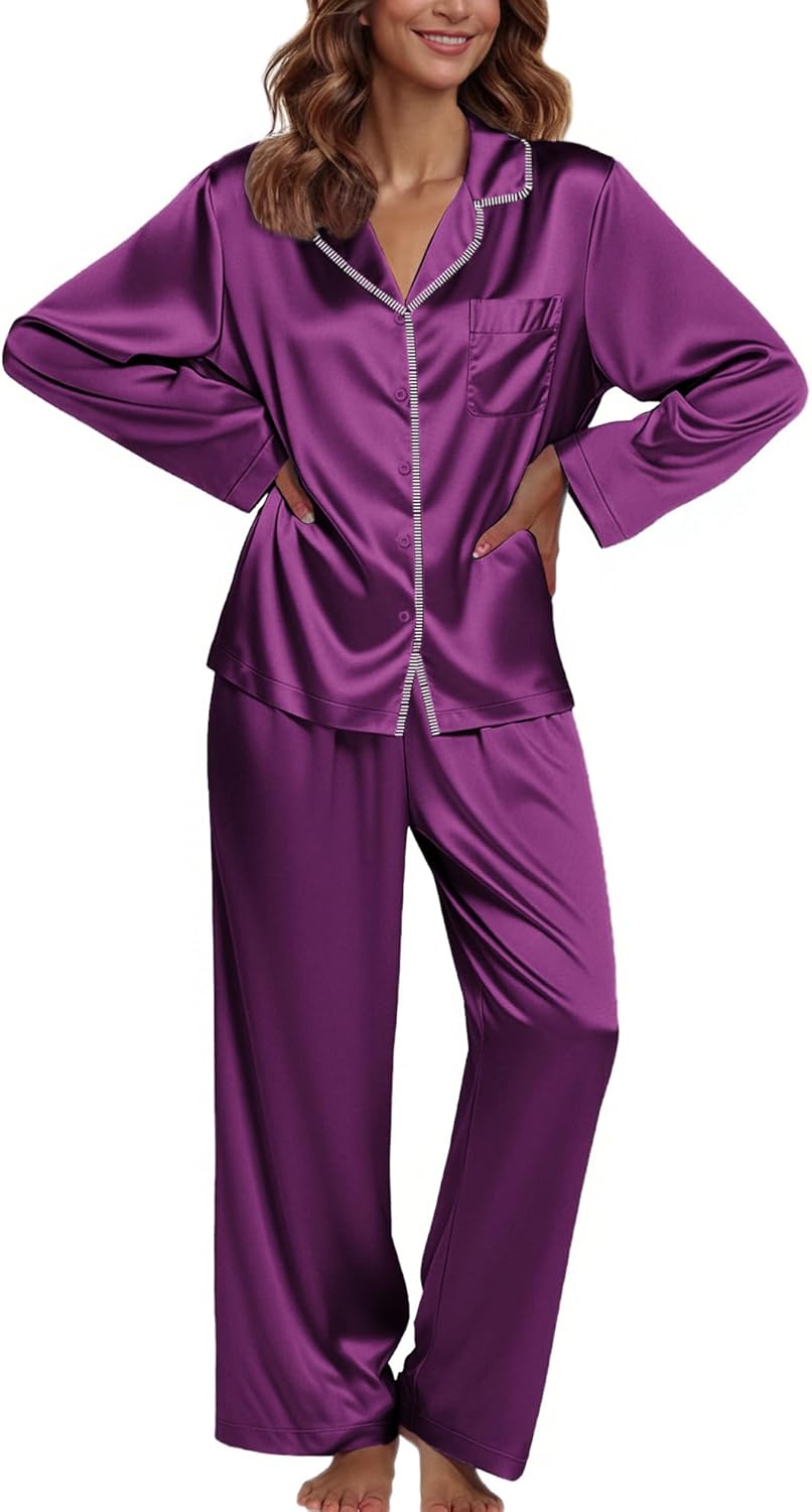 Ekouaer Pajamas For Women Set Silk Pjs 2 Piece Satin Sleepwear Long Sleeve Button Down Lounge Sets With Pant