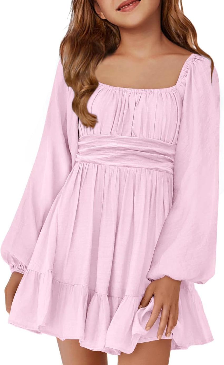 Batermoon Girls Long Sleeve Tie Back Dress Kids Fall Square Neck A-Line Mini Dresses 5-14 Years
