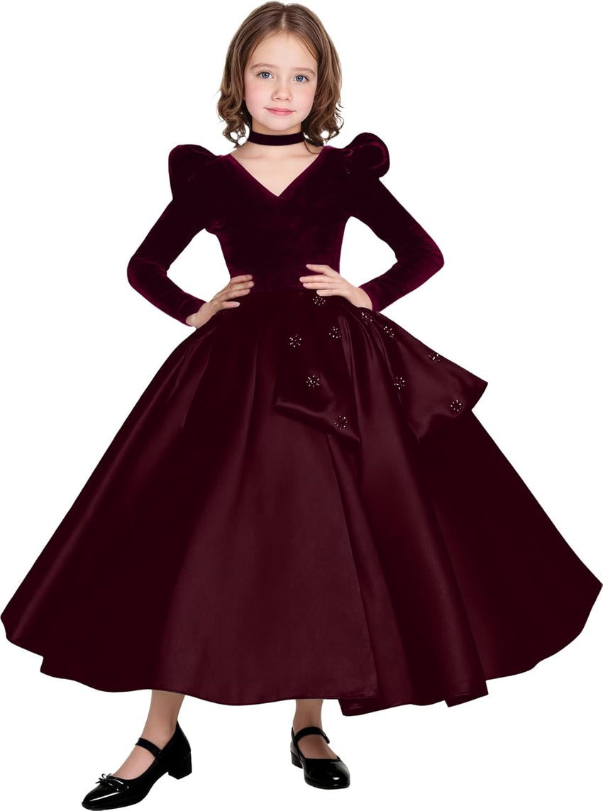 Long Sleeve Velvet Flower Girl Dresses A Line Crystal Satin Formal Dresses for Christmas
