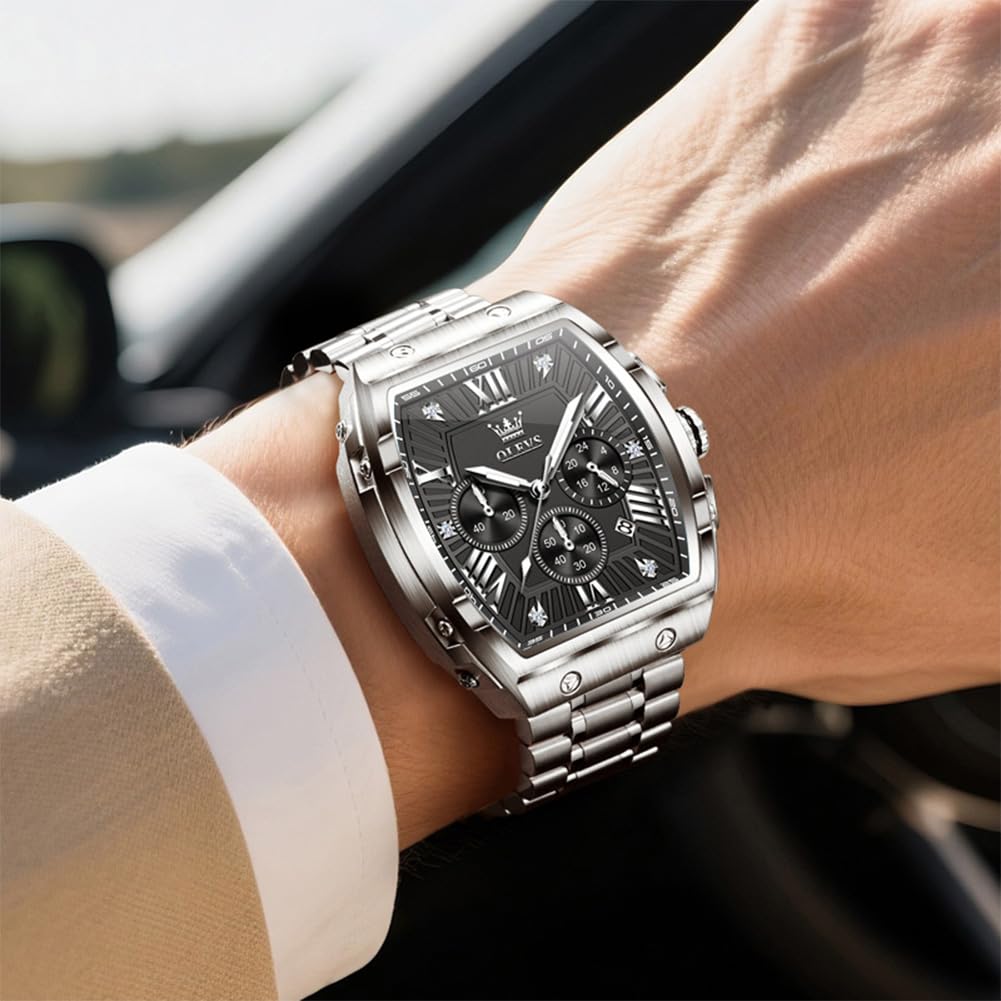OLEVS Watches Men Chronograph Waterproof Rectangle Face Moon Phase Stainless Steel Strap Dress Watches for Men Luminous Quartz Calendar Mens Wrist Watch