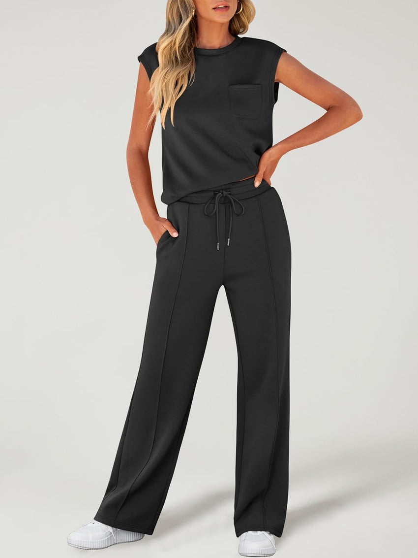 ANRABESS Two Piece Sets for Women Summer Sleeveless Sweatsuits Wide Leg Casual Lounge Set Matching Vacation Travel Outfits