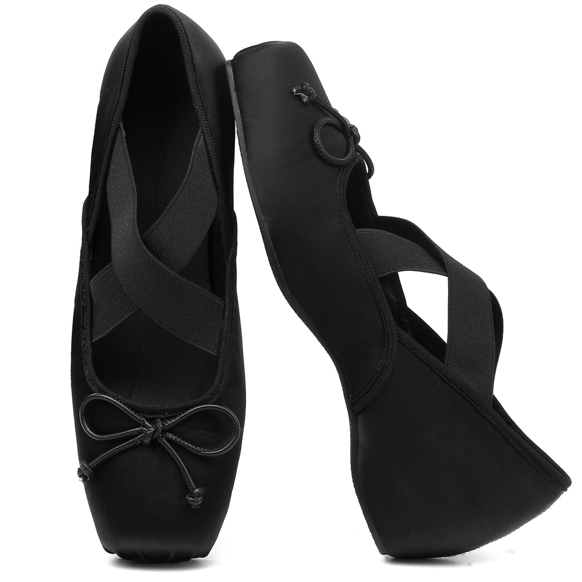 Women's Ballet Flats Square Toe Criss Cross Straps with Bow Low Wedge Shoes