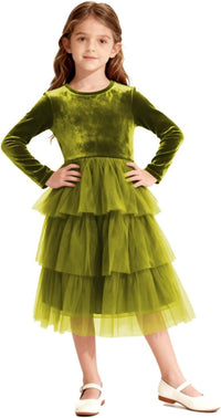 Christmas Dress Girls Velvet Tulle Puffy Long Sleeve Formal Party Dresses Princess Birthday Wedding Guest Dress