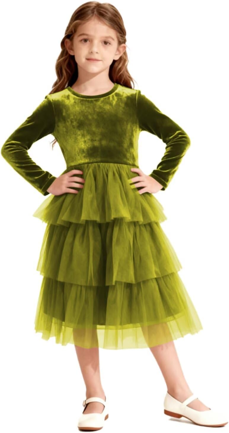 Christmas Dress Girls Velvet Tulle Puffy Long Sleeve Formal Party Dresses Princess Birthday Wedding Guest Dress