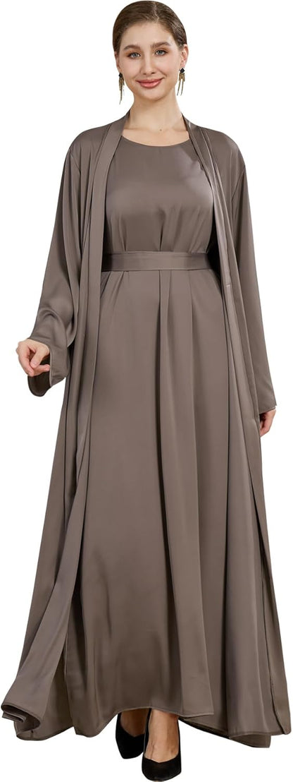 khalat Women Muslim Abaya Dress 2PCS Lightweight Satin Abaya Dress for Women Islamic Dubai Modest Kaftan Prayer Dress