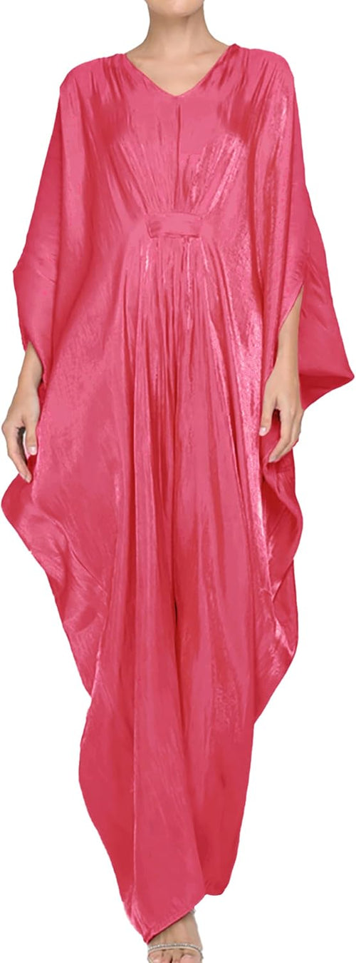 Panegy Women's Shiny Long Dress V-Neck Batwing Sleeve Kaftan Dress Solid Ethnic Maxi Robe