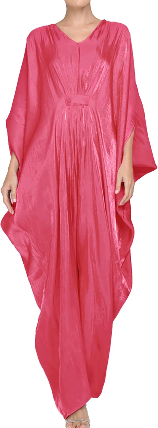 Panegy Women's Shiny Long Dress V-Neck Batwing Sleeve Kaftan Dress Solid Ethnic Maxi Robe