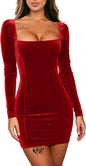 GOBLES Womens Sexy Velvet Long Sleeve Bodycon Elegant Mini Party Dress