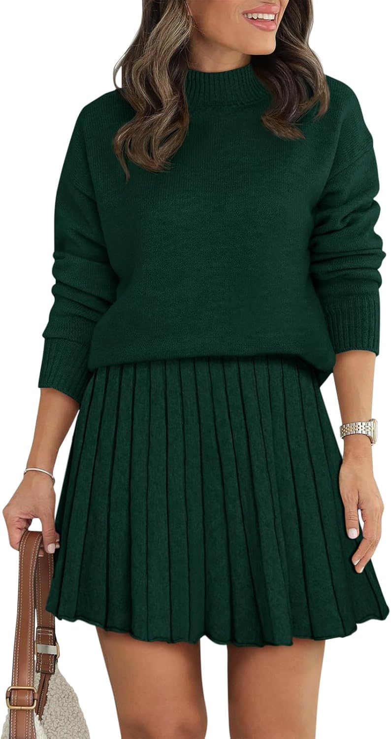 Women's Two Piece Outfits Turtleneck Long Sleeve Ribbed Knit Tops Pleated Mini Skirt 2025 Casual Sweater Sets