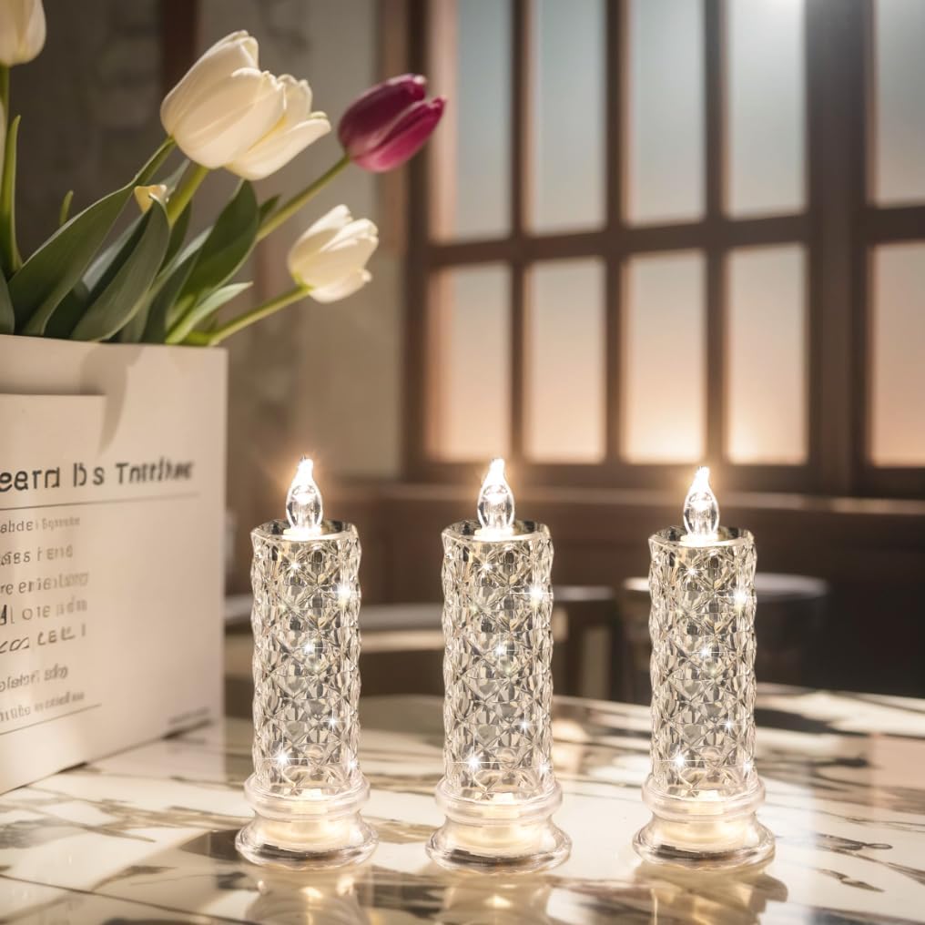 Rose Shadow LED Flameless Candles, 6PCS Romantic Battery Operated Candles Led Pillar Candles for Valentines Anniversary Wedding Christmas Decorations(White, D 2.5" x H 7.2")