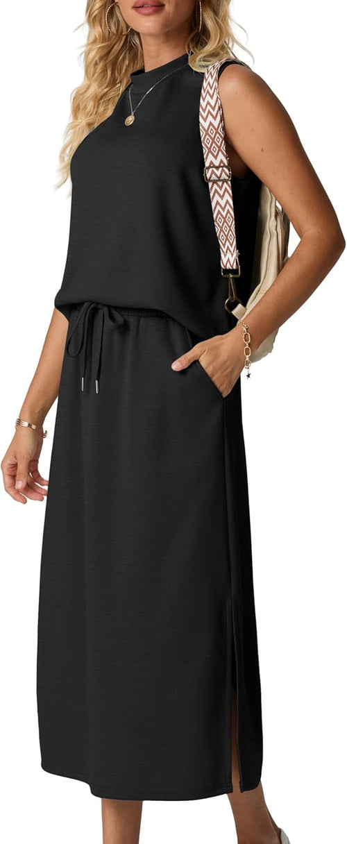 GRECERELLE Two Piece Skirt Sets for Women Summer Outfits with Pockets Lounge Sets Mock Neck Tops Split Maxi Skirt
