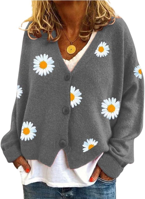 ZOCAVIA Women's Floral Knit Sweaters Cardigan Fall Winter Button Down Open Front Casual Flower Embroidered Cropped Sweaters