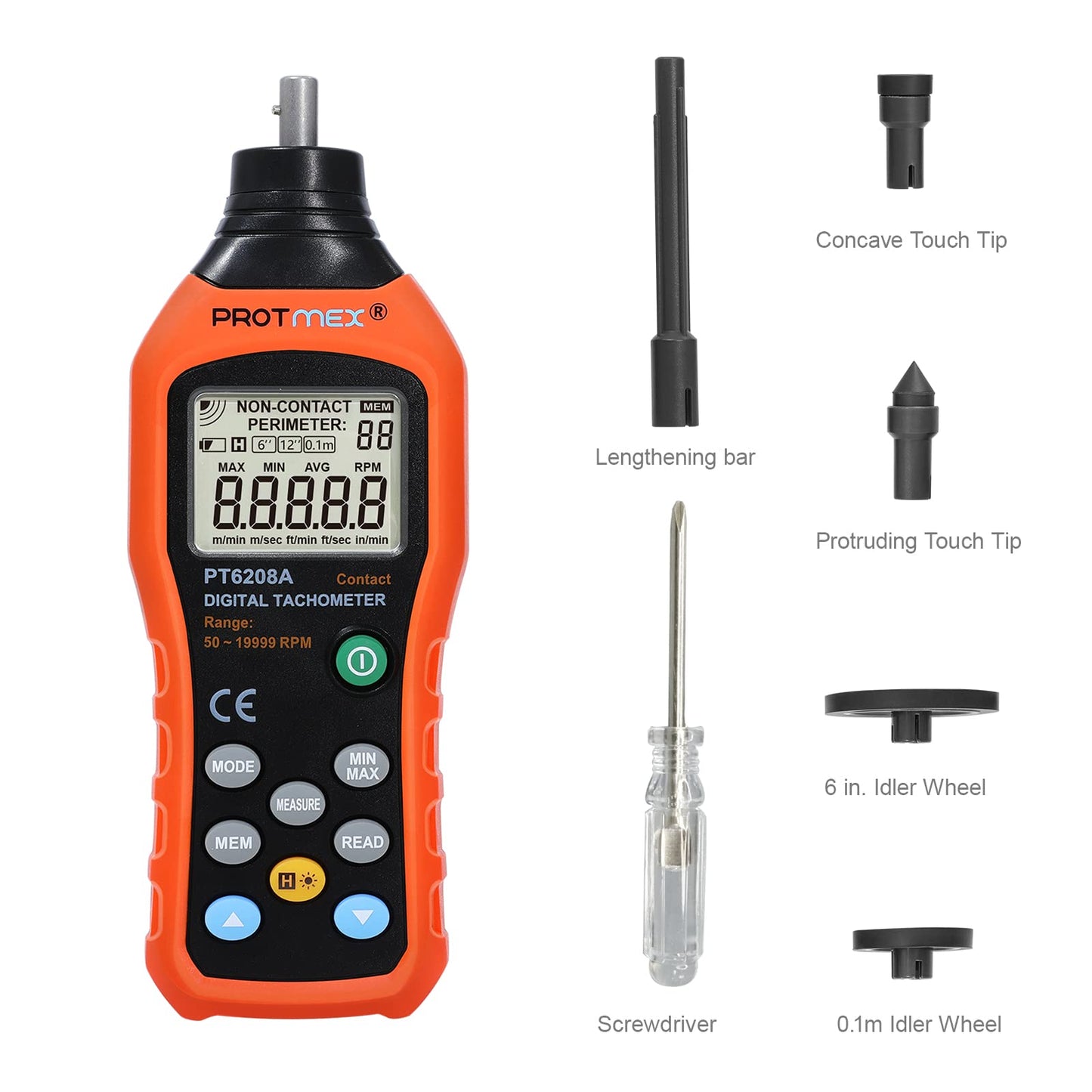 Digital Tachometer, 50-19999 RPM Contact Tachometer, 100 Groups Data Store Handheld Speed Meter with Backlight, Max/Min/AVG RPM Rotation Speed Gauge, PT6208A (Batteries Included)