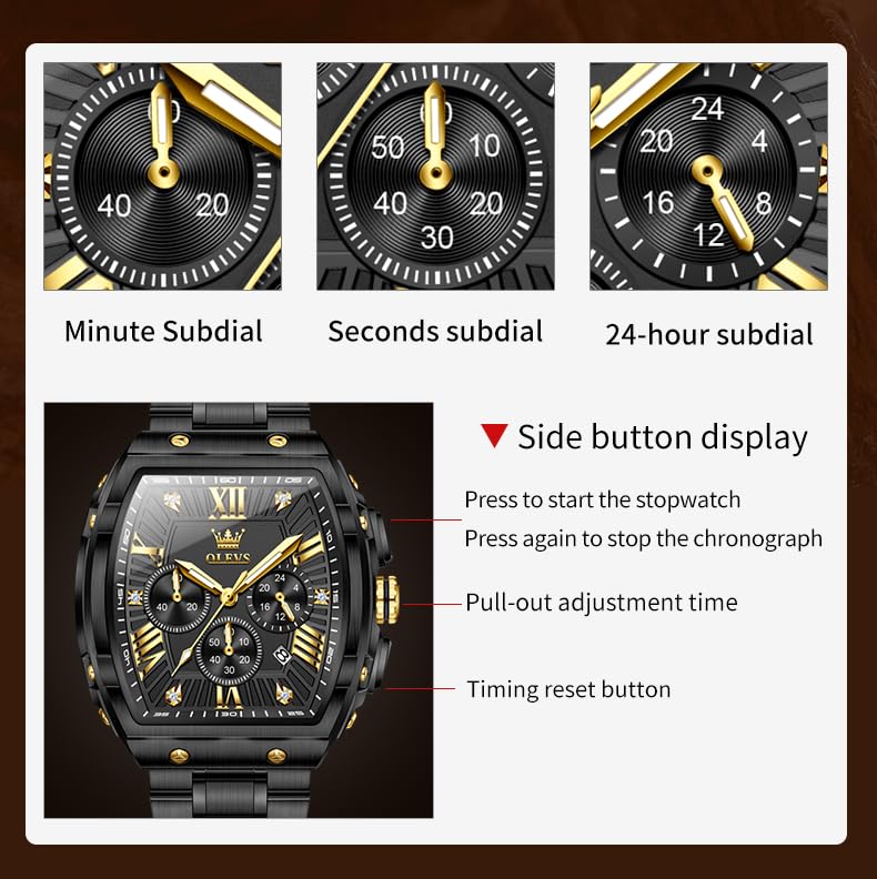 OLEVS Watches Men Chronograph Waterproof Rectangle Face Moon Phase Stainless Steel Strap Dress Watches for Men Luminous Quartz Calendar Mens Wrist Watch